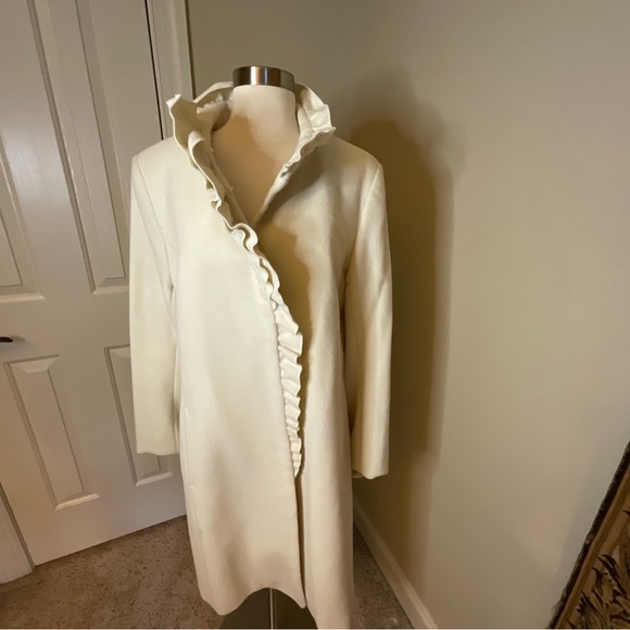 DKNY Wool Blend Ruffled Cream Overcoat - Picture 3 of 7